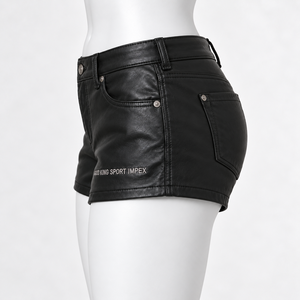 Custom Women's Black Leather <b>Shorts</b> with Embroidered Logo <b>Zip</b> Fly <b>Pockets</b> & Belt Loops OEM Wholesale Streetwear Manufacturer B2B - Product Image 4