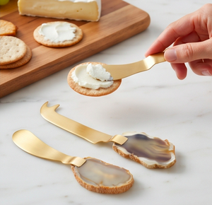 Ensemble de 3 couteaux à fromage, lames en acier inoxydable doré, manches en pierre, outils à fromage, spatule pour usage en cuisine - Product Image 6