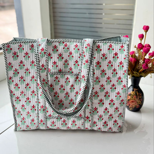 Sac fourre-tout matelassé en coton à motif floral, fait main et personnalisé, ensemble de 3 pochettes, sac de marché, sac à bandoulière, prix de gros - Product Image 1