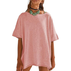 T-shirt en tricot ample à col rond et manches courtes pour femme, couleur unie rose, coupe ample, vêtements décontractés pour le printemps et l'été - Product Image 3