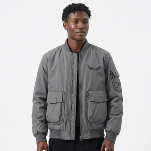<b>Men's</b> Gray <b>Jacket</b> With Embroidered Wings Logo Zipper Stand Collar Casual Windproof Thick Polyester Wadding Autumn Wear - Product Image 3