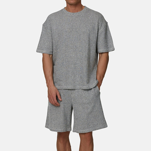 Ensemble de shorts bermuda en tricot côtelé pour homme, gris, décontracté, respirant, en coton - Product Image 3