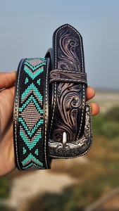 Luxury Cowboy <b>Tooled</b> Leather Belt with Southwestern Beadwork and Classic Engraved Rodeo Buckle Style - Product Image 1