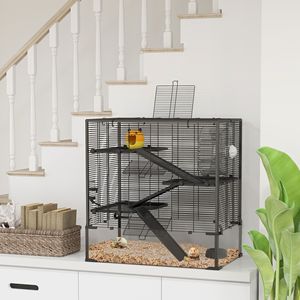 Cage à hamster à 4 niveaux avec fond en verre trempé profond, roue de course, abri, bouteille d'eau, gamelle, 31'' x 19'' x 31,5'' - Product Image 1