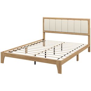 Struttura letto matrimoniale con testiera imbottita, base letto a piattaforma con doghe in legno, nessuna rete a molle necessaria, facile montaggio, stile naturale - Product Image 1
