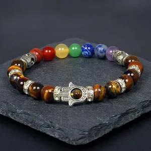 Pulsera de ojo de tigre de alta calidad Hamsa Chakra elegante diamante perla ágata fabricante directo brazalete de moda al por mayor - Product Image 3