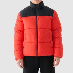 Men's Red Color Blocking Puffer <b>Jacket</b> Stand Collar Zipper Closure Windproof Winter Coat Casual Regular Fit Polyester Wadding - Product Image 2