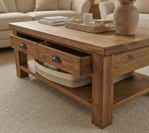 Mesa de Centro de Madera Sólida 2025 con Dos Cajones de Almacenamiento, Estante Inferior Abierto y Tapa Rectangular Gruesa para Sala de Estar Moderna - Product Image 3