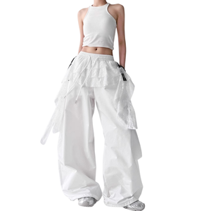 Pantalon large taille haute blanc pour femme grande taille avec volants et détails en dentelle, coupe ample, style streetwear, longueur complète, fermeture à cordon - Product Image 3