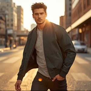 Standard Thickness Plain Dyed Polyester Men’s <b>Jacket</b> Casual <b>Lightweight</b> Zip-Up Outerwear - Product Image 2