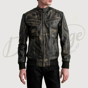 Veste de motard vintage pour homme en cuir véritable noir vieilli avec rembourrage matelassé aux épaules et col montant à boutons-pression - Product Image 4