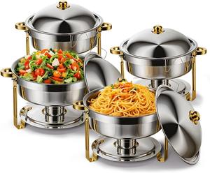 Premium Stainless Steel Chafing Dish with Gold Handles and Trim Luxury Round Buffet <b>Food</b> <b>Warmer</b> Set for Upscale Catering Events - Product Image 1