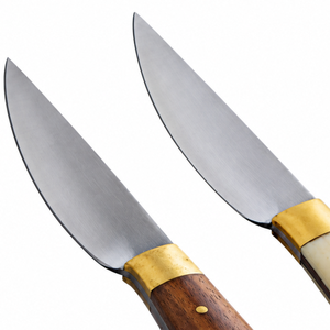 Couteaux de cuisine double usage, lames argentées avec manches en bois brun et en ivoire, embouts dorés, poignées rivetées pour la préparation des aliments - Product Image 2