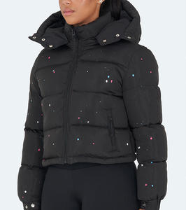 Chaqueta Acolchada Negra para Mujer con Diseño de Puntos, Manga Larga, Capucha, Cierre de Cremallera, Abrigo Grueso de Invierno con Relleno de Poliéster - Product Image 3