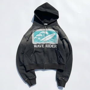 Sudadera con capucha personalizada de felpa francesa con gráficos y remaches, de algodón de alto gramaje, con cremallera, efecto vintage lavado ácido, descolorida por el sol, corta y con pedrería - Product Image 4