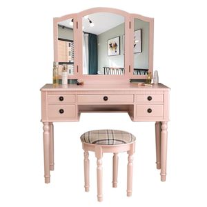 "Oak <b>Makeup</b> Vanity Table with 3 Square <b>Mirror</b> Drawers & Roman Column Design" - Product Image 1