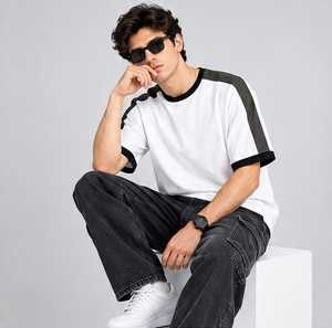 Men's White <b>Raglan</b> Sleeve <b>T</b>-<b>Shirt</b> Contrast Trim O-Neck Regular Fit Casual 100% Cotton Quick Dry Breathable Solid Color Blocked - Product Image 4