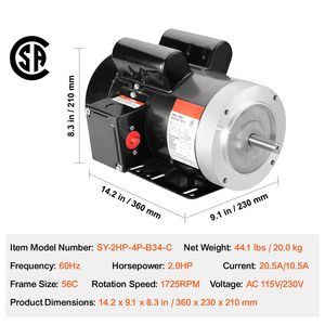 Motore Elettrico Monofase 2HP 1725 Giri/min 115V/230V AC Telaio 56C per Compressore d'Aria con Albero Scanalato da 5/8'' e Rotazione CW/CCW - Product Image 3