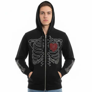 Sweat à capuche zippé pour homme, motif squelette et strass, style streetwear Y2K 2026, avec motif cœur rouge, noir, coupe oversize, effet scintillant HD - Product Image 5