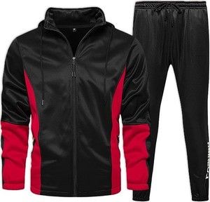 Women's Black Red Color Blocking Printed Tracksuit Set Full <b>Zip</b> <b>Hooded</b> Sporty Joggers Side Pockets Windproof Quick Dry 100% - Product Image 1