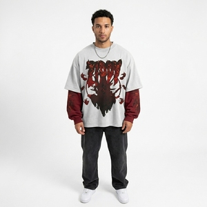 T-shirt à manches longues pour homme, col rond, double couche, imprimé, effet délavé, surdimensionné, logo personnalisé, style vintage old school, 100% coton, streetwear - Product Image 5