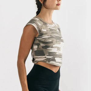 Women's Red Crop <b>Top</b> Black White Stripe Crew Neck Drop Shoulder Short Sleeve Breathable Eco-Friendly Casual Canvas T-Shirt 100% - Product Image 2