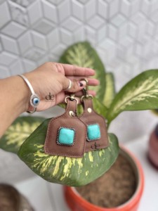 New Arrival 2026 Genuine Leather Key Rings Real Leather Turquoise Stone Western Stylish Key Chain Hot Sale <b>Mini</b> Bag - Product Image 2