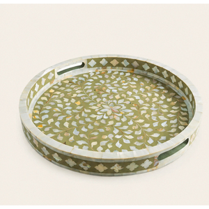 Plateau de service de mariage moderne fait main avec incrustation de nacre, design mosaïque en bois écologique vert olive et poignées - Product Image 1