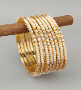 Single Line Cream Pearl Zinc Alloy <b>Cute</b> Bangle SKU-6281 (Box of 3 Mix Size Pack) Gift - Product Image 1