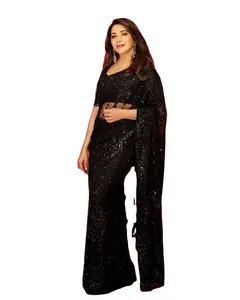 Madhuri D Elegantie Ouderwets Designer Indian Bollywood Stijl Mooie Net Zwarte Kleur Sari