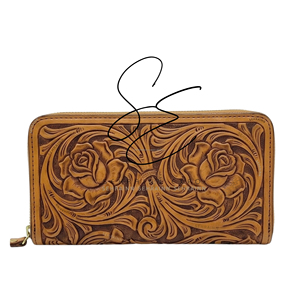 Handcrafted Tooled Leather Cowhide Zip Closure <b>RFID</b> <b>Wallet</b> Custom Floral Carved Leather Long Clutch Real Hair-On Cowhide Back - Product Image 1