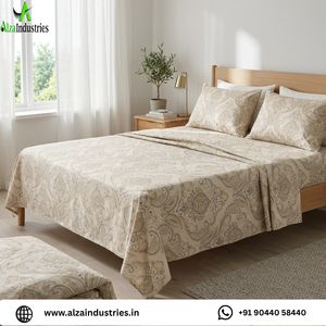 King Size Beige Paisley Printed Bedsheet <b>Set</b> Soft Cotton <b>Bedding</b> <b>Set</b> with Pillow Covers Lightweight Breathable Premium Bedroom - Product Image 2