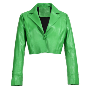 Trendy Green PU <b>Leather</b> Blazer Women Full Sleeve Turn-down Collar Single Button Short <b>Jacket</b> Autumn Solid Color Woven Fabric - Product Image 2