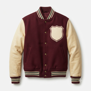 <b>Men's</b> Maroon Varsity <b>Jacket</b> With Cream <b>Leather</b> Sleeves And Shield Patch Preppy Style Turn-down Collar Button Closure Autumn Wear - Product Image 1