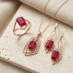 14K Solid Gold Natural <b>Ruby</b> Jewelry Set with Geometric Ring <b>Necklace</b> Earrings Modern Fine Jewelry - Product Image 4