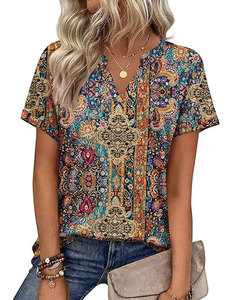 Top bohemio con cuello redondo y manga corta para mujer, estampado con diseño de animales/leopardo/logotipo liso, ropa informal de primavera y verano - Product Image 3