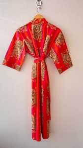 Robe longue pour femme à imprimé tigre rouge, manches trois quarts, col mandarin, vêtements de nuit décontractés, tissu tissé 100% coton - Product Image 2