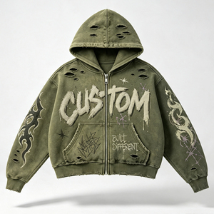 <b>Men's</b> Distressed Graphic <b>Zip</b> <b>Up</b> Hoodie Vintage Washed Ripped Streetwear Jacket Flame Print Oversized Casual Fleece Sweatshirt - Product Image 6