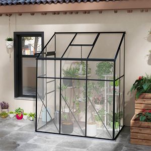 Piccola serra walk-in per la crescita di piante da interno e da giardino, in vetro temperato con telaio in acciaio, plastica e legno per la coltivazione con polietilene - Product Image 1