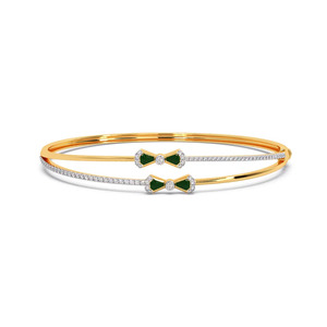 Brazalete Doble con Lazo Verde y Diamantes, Banda Doble en Oro Amarillo y Diseño Lineal Elegante - Product Image 4