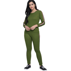 Conjunto Deportivo Verde Oliva para Mujer, Manga Larga, Cuello Redondo, Color Sólido, Transpirable, Algodón con Spandex, Estilo Casual, Ajustado, para Otoño - Product Image 1