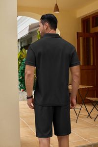 Ensemble 2 pièces pour homme, haut polo zippé en maille florale en polyester et short, respirant, léger, tenue décontractée d'été, gym, course à pied - Product Image 3