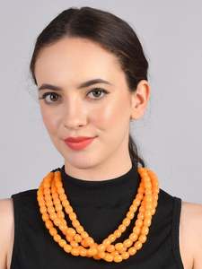 Orange Round <b>Resin</b> Natural Pearl Beaded Heart Cut Diamond Fashion Party Multilayer Necklace for Unisex - Product Image 4