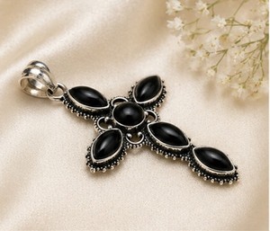 Black Onyx Cross Pendant Necklace, Handmade Sterling <b>Silver</b> Gothic Jewelry, Natural Black Onyx Gemstone Cross <b>Charm</b> Pendant for - Product Image 1