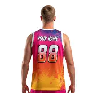 Ensemble uniforme de basketball pour hommes, maillot sans manches et short assorti, imprimé dégradé effet éclaboussures de peinture, kit personnalisé avec nom et numéro d'équipe, 100% coton - Product Image 4