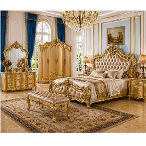 Palace-Inspired Gold Finish Upholstered King Size Bed <b>Set</b> Top Selling Bed With Dressing And <b>Side</b> <b>Tables</b> Wooden Bedroom Suite USA - Product Image 1