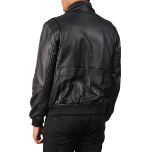 Veste bomber en cuir noir pour homme, ourlet côtelé, poche avant classique, manteau d'hiver décontracté - Product Image 5