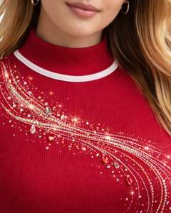 Camiseta sin mangas personalizada para mujer, roja, con cuello alto acanalado y diseño de ondas con pedrería, para verano, fabricante personalizado - Product Image 5