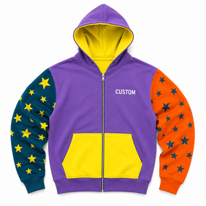 Custom Color Block Full Zip Hoodie Star Print Contrast Sleeve Fleece Streetwear Hoodies OEM ODM Private <b>Label</b> Wholesale Supplier - Product Image 3
