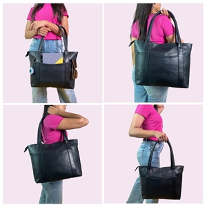 Sac à main vintage en cuir véritable pour femme, style cabas, sac à bandoulière, cadeau de la Saint-Valentin, sac de shopping 16 pouces (noir) - Product Image 5